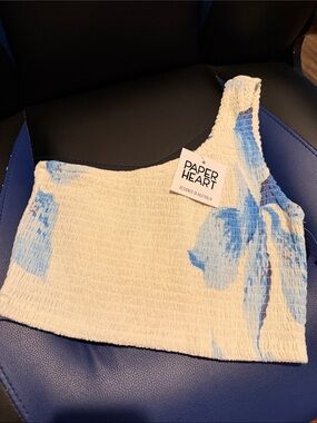 Paper Heart One-Shoulder Smocked Crop Top in White with Blue Print